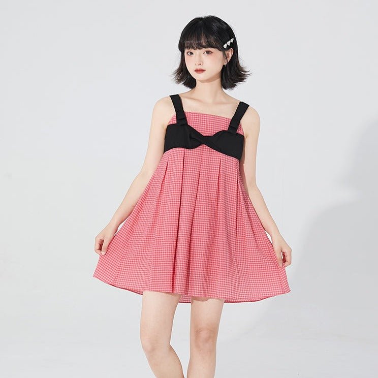 Berry red plaid vest high waist pleated dress - MEIMMEIM(メイムメイム)