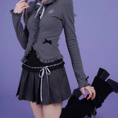 Bias cut dark purple plaid ribbon pleated skirt - MEIMMEIM(メイムメイム)
