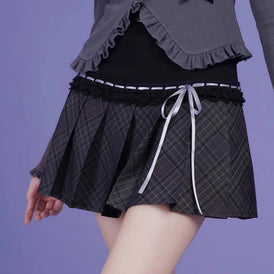 Bias cut dark purple plaid ribbon pleated skirt - MEIMMEIM(メイムメイム)