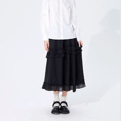 Black double layer ruffle high waist A-line skirt - MEIMMEIM(メイムメイム)