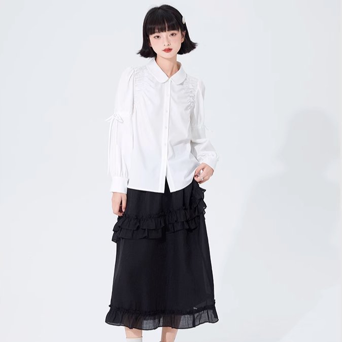 Black double layer ruffle high waist A-line skirt - MEIMMEIM(メイムメイム)