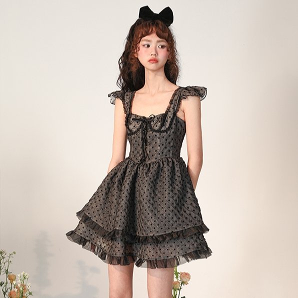 Black Dress Flocking Mini Skirt Polka Dot Dress - MEIMMEIM(メイムメイム)