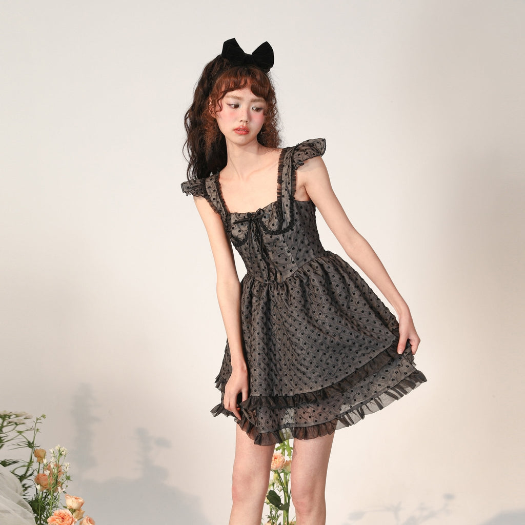 Black Dress Flocking Mini Skirt Polka Dot Dress - MEIMMEIM(メイムメイム)