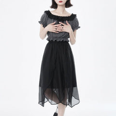 Black layered mid-length elastic waist retro petal skirt - MEIMMEIM(メイムメイム)
