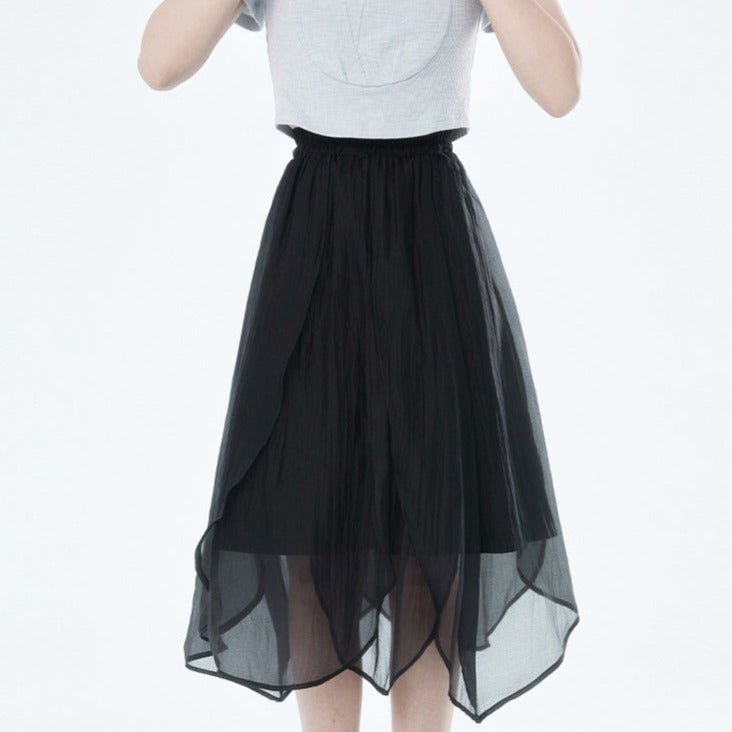 Black layered mid-length elastic waist retro petal skirt - MEIMMEIM(メイムメイム)