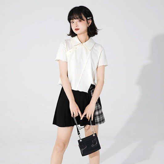 Black plaid pleated love stitching A-line skirt - MEIMMEIM(メイムメイム)