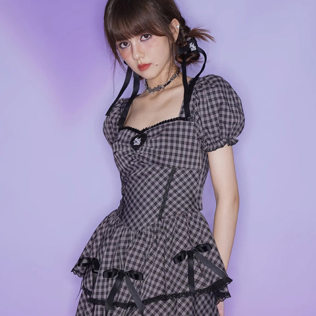 Black purple grid bow back hollow strap dress - MEIMMEIM(メイムメイム)