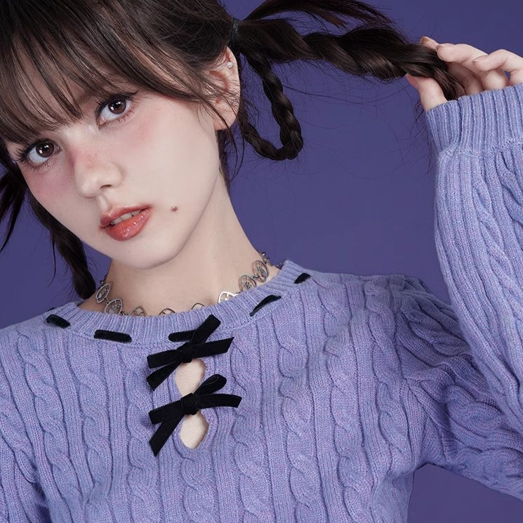 Blue and purple bow twist short sweater - MEIMMEIM(メイムメイム)