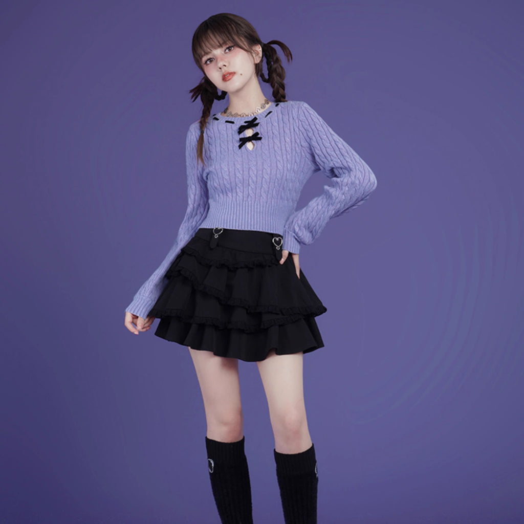 Blue and purple bow twist short sweater - MEIMMEIM(メイムメイム)