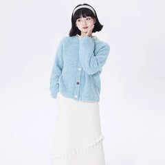 Blue off-shoulder long-sleeved wool knitted cardigan - MEIMMEIM(メイムメイム)