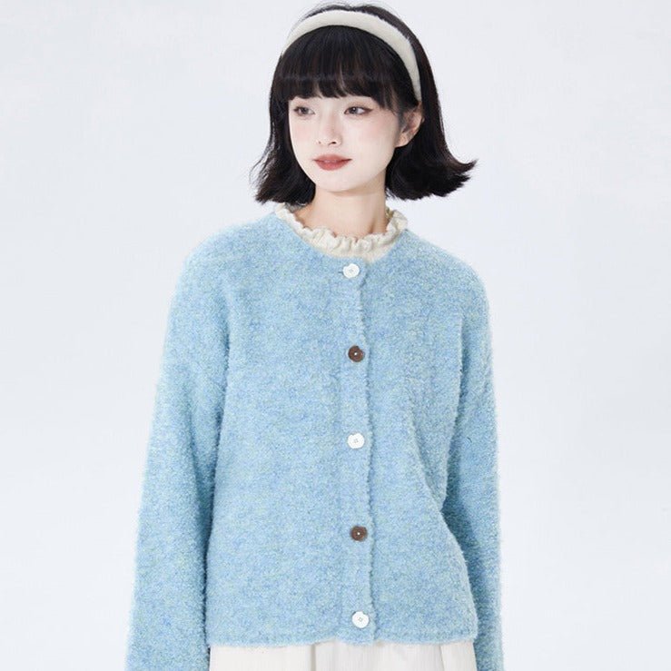Blue off-shoulder long-sleeved wool knitted cardigan - MEIMMEIM(メイムメイム)
