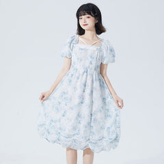 Blue print square neck dress mid-length princess dress - MEIMMEIM(メイムメイム)