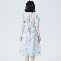 Blue print square neck dress mid-length princess dress - MEIMMEIM(メイムメイム)
