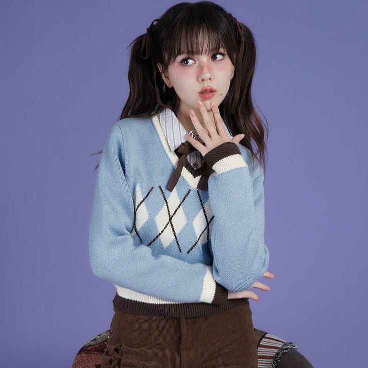 Blue rhombus V-neck short knitted sweater - MEIMMEIM(メイムメイム)