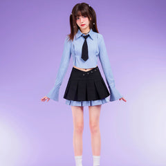 Blue striped long sleeve shirt with tie - MEIMMEIM(メイムメイム)