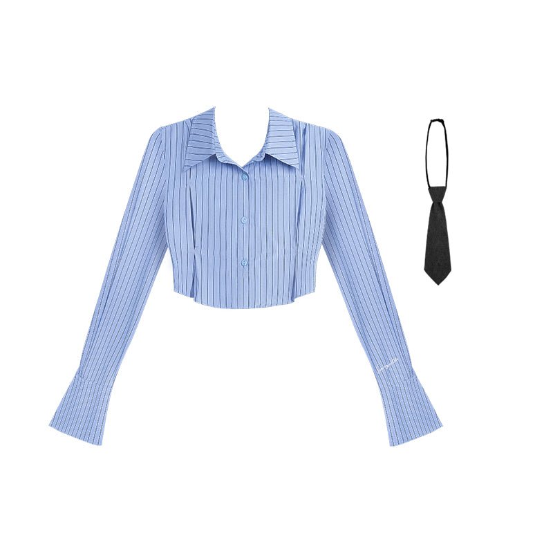 Blue striped long sleeve shirt with tie - MEIMMEIM(メイムメイム)
