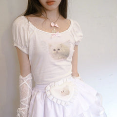 Bow cute round neck short-sleeved T-shirt top - MEIMMEIM(メイムメイム)