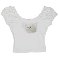 Bow cute round neck short-sleeved T-shirt top - MEIMMEIM(メイムメイム)