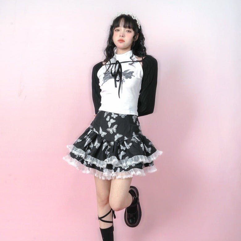 Bow lace knitted sun protection short coat top - MEIMMEIM(メイムメイム)