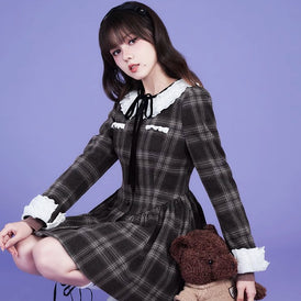 Brown and gray tartan dress with multilayer collar - MEIMMEIM(メイムメイム)