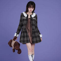 Brown and gray tartan dress with multilayer collar - MEIMMEIM(メイムメイム)
