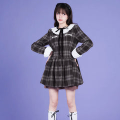 Brown and gray tartan dress with multilayer collar - MEIMMEIM(メイムメイム)