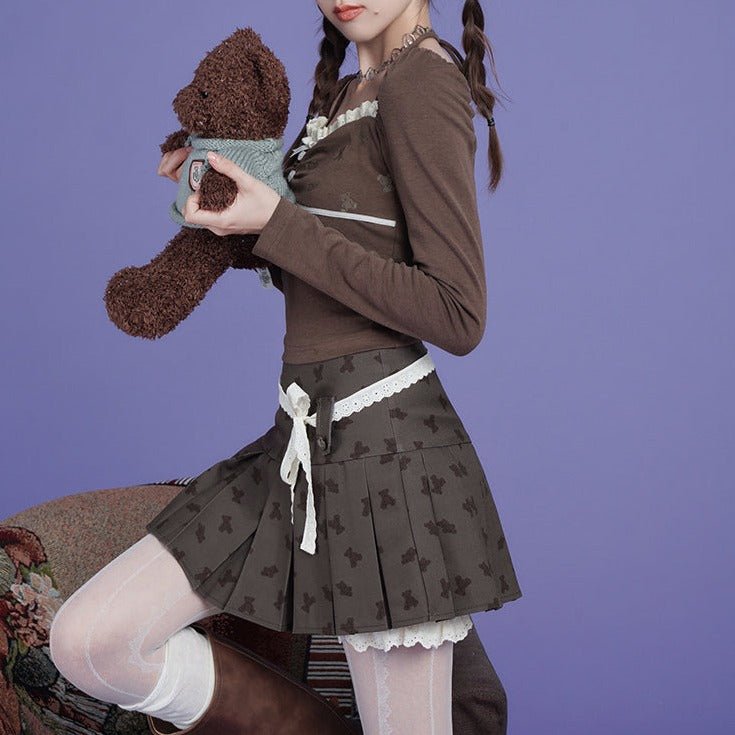 Brown bear print pleated skirt pants - MEIMMEIM(メイムメイム)