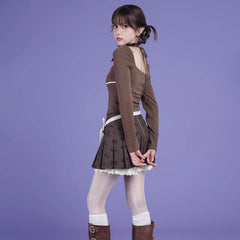 Brown bear print pleated skirt pants - MEIMMEIM(メイムメイム)