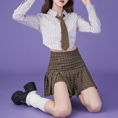 Brown grid low hook high waist pleated skirt - MEIMMEIM(メイムメイム)