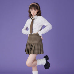 Brown grid low hook high waist pleated skirt - MEIMMEIM(メイムメイム)