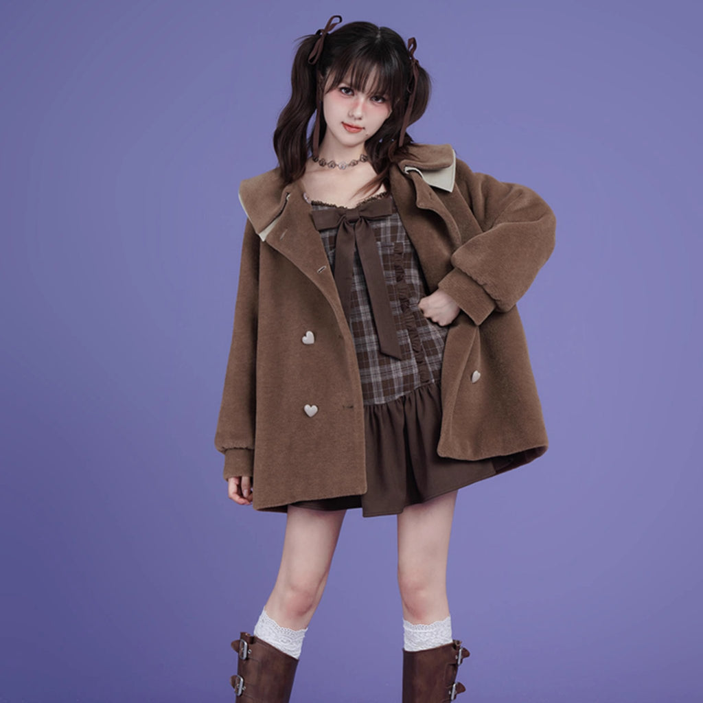 Brown lapel padded coat thickened fur coat - MEIMMEIM(メイムメイム)