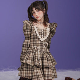 Brown plaid ribbon dress with small flying sleeves - MEIMMEIM(メイムメイム)