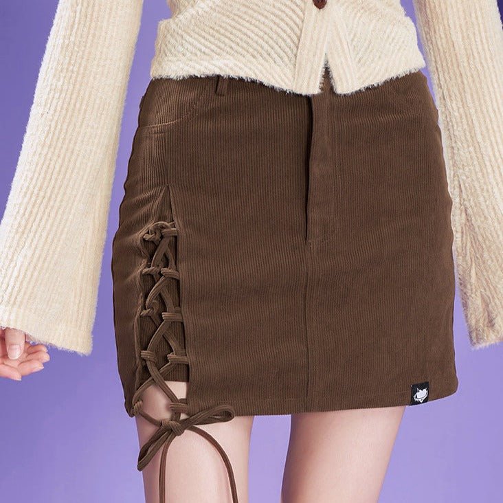 Brown retro corduroy strap hakama fake two-piece skirt - MEIMMEIM(メイムメイム)