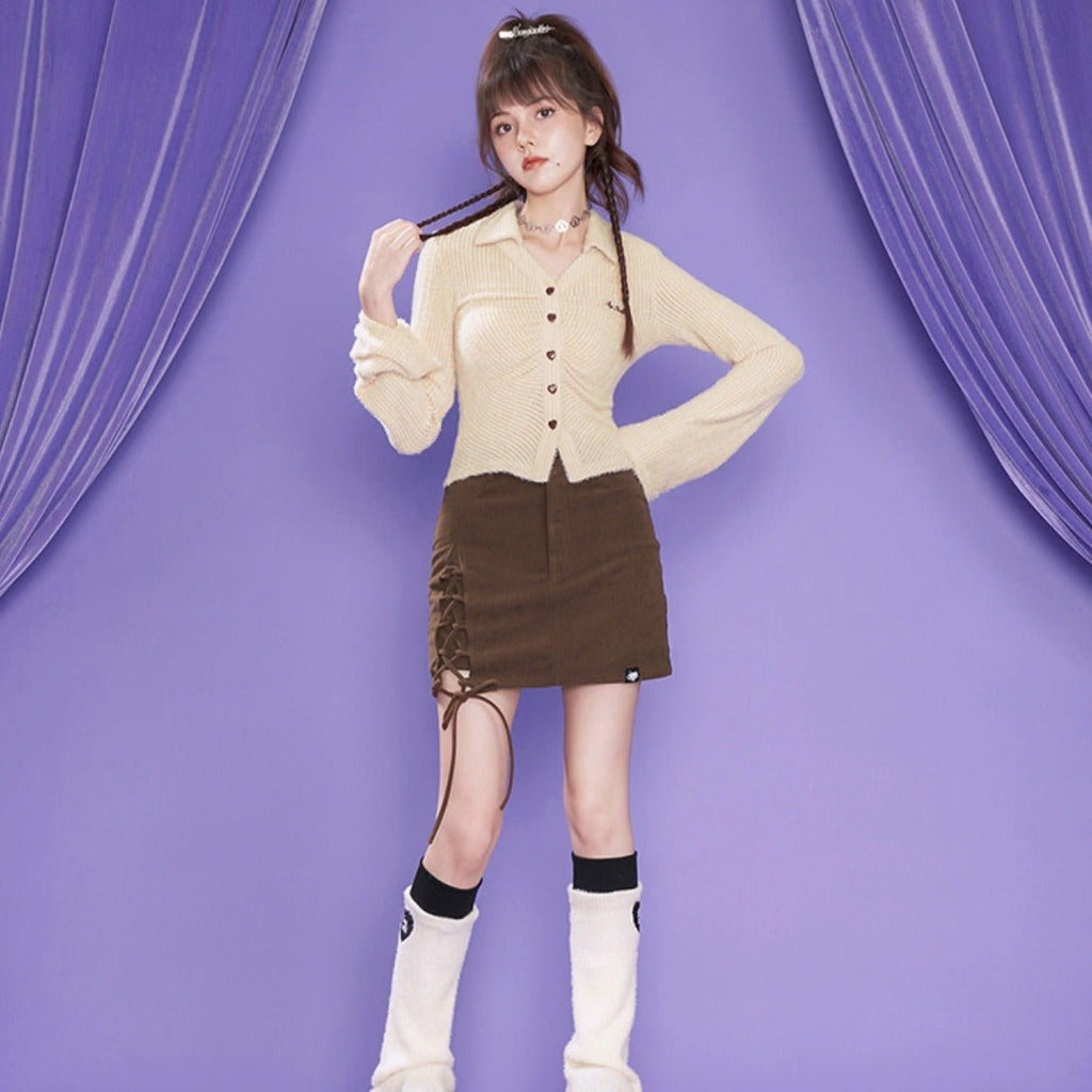 Brown retro corduroy strap hakama fake two-piece skirt - MEIMMEIM(メイムメイム)