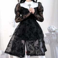 Butterfly Lace Puff Sleeve Embroidery Long Sleeve Dress - ANM CHANNEL