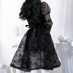 Butterfly Lace Puff Sleeve Embroidery Long Sleeve Dress - ANM CHANNEL