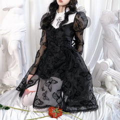 Butterfly Lace Puff Sleeve Embroidery Long Sleeve Dress - ANM CHANNEL