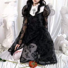 Butterfly Lace Puff Sleeve Embroidery Long Sleeve Dress - ANM CHANNEL