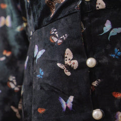 Butterfly print retro elegant velvet long-sleeved dress - MEIMMEIM(メイムメイム)