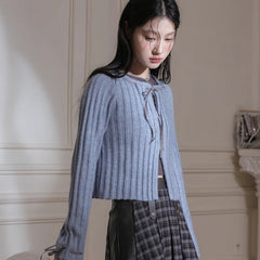 Butterfly Shadow Blue Ribbon Wool Cardigan Set - MEIMMEIM(メイムメイム)