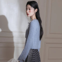 Butterfly Shadow Blue Ribbon Wool Cardigan Set - MEIMMEIM(メイムメイム)