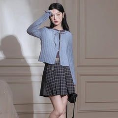 Butterfly Shadow Blue Ribbon Wool Cardigan Set - MEIMMEIM(メイムメイム)