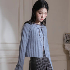 Butterfly Shadow Blue Ribbon Wool Cardigan Set - MEIMMEIM(メイムメイム)