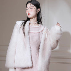Cherry peach crisp wool collar eco fur coat - MEIMMEIM(メイムメイム)