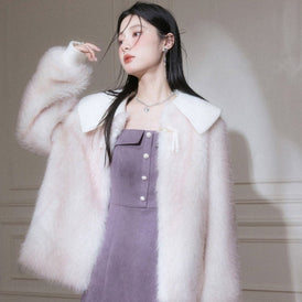 Cherry peach crisp wool collar eco fur coat - MEIMMEIM(メイムメイム)