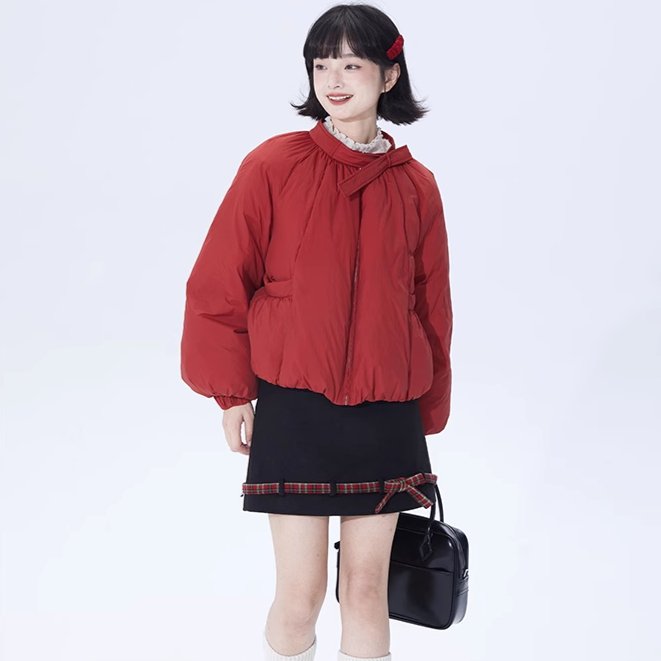 Christmas Red Plaid Color Block Wool Skirt - MEIMMEIM(メイムメイム)