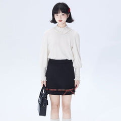Christmas Red Plaid Color Block Wool Skirt - MEIMMEIM(メイムメイム)