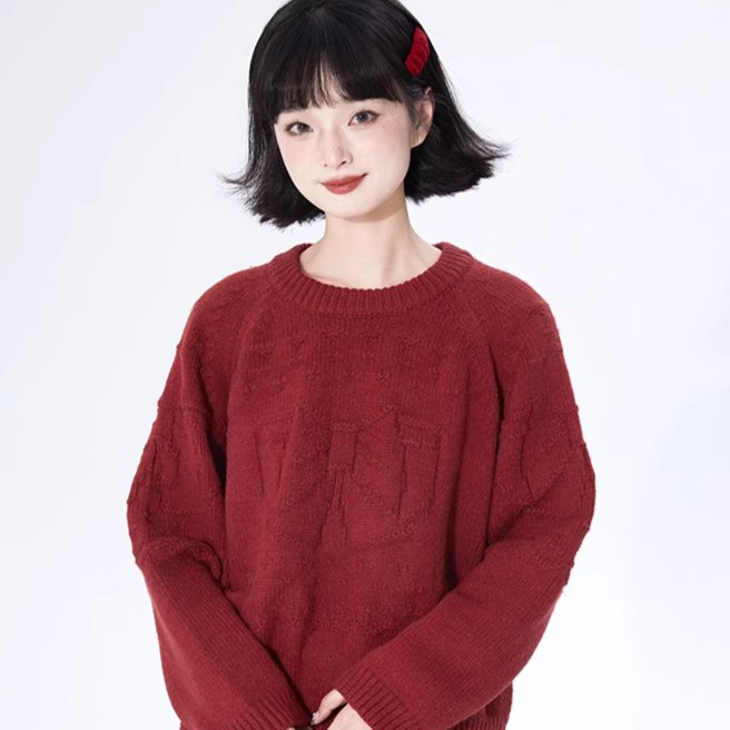 Christmas red ribbon jacquard sweater - MEIMMEIM(メイムメイム)