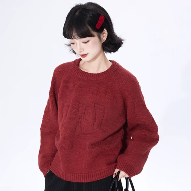 Christmas red ribbon jacquard sweater - MEIMMEIM(メイムメイム)