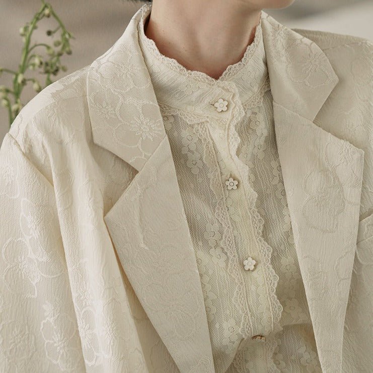 Classic standing collar jacquard lace embroidery floral shirt - MEIMMEIM(メイムメイム)